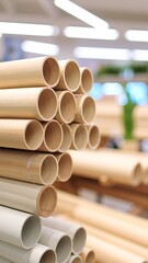 A neatly arranged stack of slender bamboo sticks, showcasing their natural green hues and smooth texture, set against a soft, neutral background.