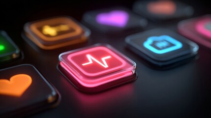 Illuminated App Icons: A close-up shot of vibrant, glowing app icons on a sleek, dark surface, depicting the future of technology and connectivity. Capturing the digital world in an artistic way.