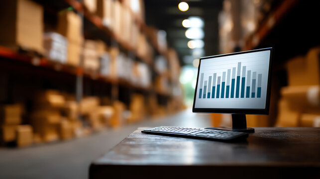 A computer monitor displaying a bar chart sits on a desk inside a warehouse with shelves filled with boxes, emphasizing inventory or data management in a logistics setting