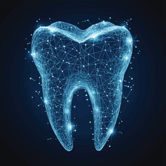 Polygonal wireframe tooth with connected dots and lines dental structure visualization on dark background for medical technology and innovation concept illustration