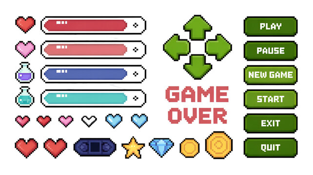 Pixel Art Game UI Elements and Icons