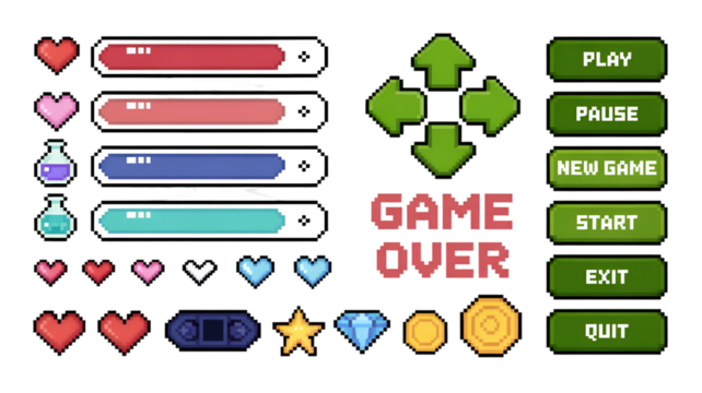Pixel Art Game UI Elements and Icons