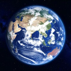 Detailed satellite image of Earth, centered on Asia, showing continents, oceans, and cloud formations against a black space background