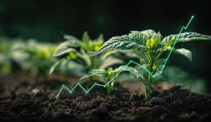 Growing plants with upward trend graph overlaid