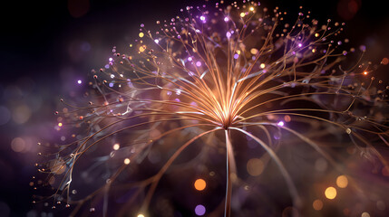 A close-up of a delicate seed head with fine filaments and glowing droplets, illuminated in warm orange and purple hues against a softly blurred background