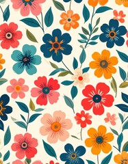 Vibrant Retro Floral Garden with HandPainted Stylized Blooms.