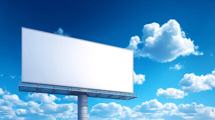 Fototapeta premium Large blank billboard stands against a bright blue sky with fluffy white clouds, ready for advertising or messaging on a sunny day