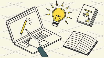 Laptop screen with pencil icon idea light bulb open book and book stack illustration concept of writing studying learning education.