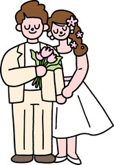 결혼식 웨딩 눈감은 귀여운 커플 전신 꽃다발 부케