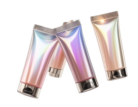 Floating Tilted Lip Gloss Tubes with Holographic Shine Effect, Dynamic Front View, Isolated on Transparent Background