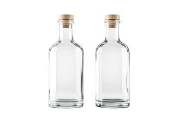 Two empty glass bottles with cork stoppers mockup, liquid container, beverage packaging, still life, product presentation isolated on transparent background
