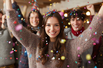 Young woman smiling joyfully with arms raised amid colorful confetti, celebrating with friends wearing party hats in a festive indoor setting
