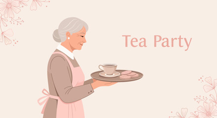 Elegant Serving: An Elderly Woman Presenting a Tray of Tea And Biscuits Joyfully