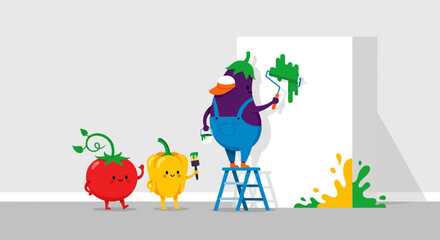 Naklejka premium Colorful Veggie Characters Painting, Funny Illustration For Children And Creative Projects