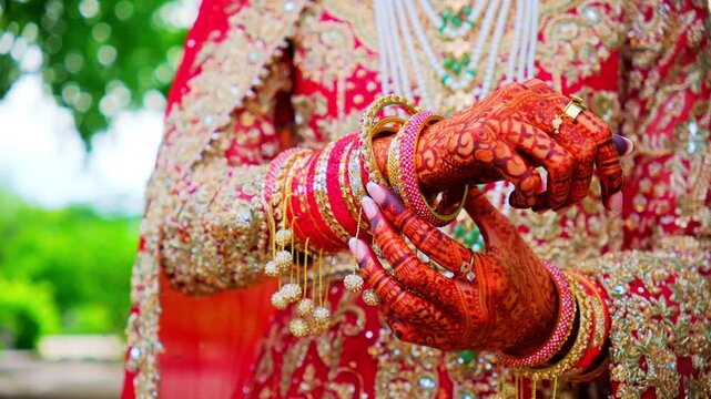 Red color is the traditional Asian wedding clothes, Move camera, view of variety of bangles on the hands