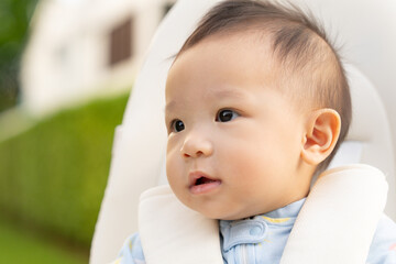 A 10-month-old baby sits in a stroller and enjoys nature at a park in the warm morning sunlight.