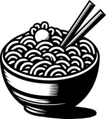 Illustration of a bowl filled with noodles and a topping served with chopsticks in black and white