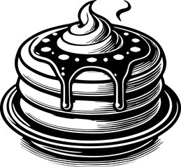 Illustration of a stack of pancakes with syrup and whipped cream in black and white drawing style