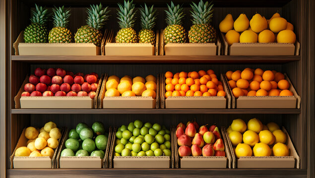Fresh fruits arranged neatly on wooden shelves in a grocery store display, showcasing vibrant colors and healthy options for shoppers.