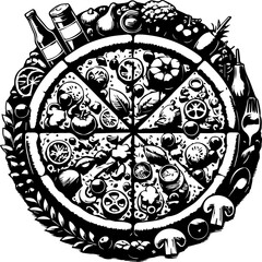 A pizza surrounded by various ingredients such as vegetables fruits and kitchen utensils in black and white