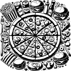 A black and white illustration of pizza surrounded by burgers and fries in a square composition