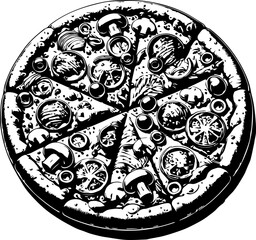 A black and white illustration of a pizza with mushrooms tomatoes and other toppings cut into slices