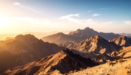 Golden Hour Sunlight Illuminates Rugged Mountain Range