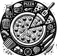 A black and white drawing of a round pizza surrounded by various food items and kitchen utensils