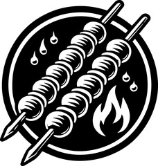 Illustration of two skewers with round food items over a flame inside a circular emblem design