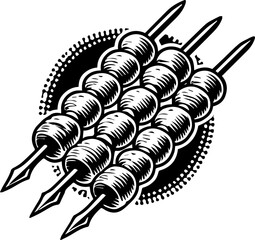 Illustration of three skewers with round food items against a decorative background design element