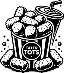 Illustration of a bucket of tater tots with a drink and straw in a black and white drawing style