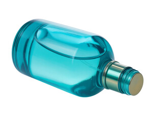 Dynamic Close-Up of Tipped Teal Perfume Bottle with Liquid Pool, Soft Glowing Highlights, Isolated on Transparent Background