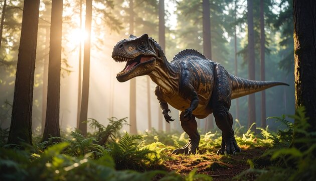 A large theropod dinosaur stands in a sun-dappled forest