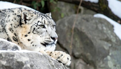 Fototapeta premium A snow leopard rests on snow-covered rocks, its gaze directed to the right, showcasing its unique spotted coat