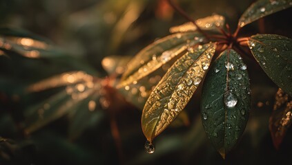 Dew-kissed leaves bathed in golden light