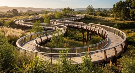 Winding wooden walkway through a lush landscape