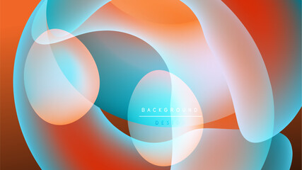 Abstract shapes overlap, creating vibrant color gradients. Orange, blue, white blend seamlessly against dark backdrop. Modern design element.