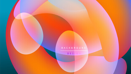 Abstract colorful shapes overlap, creating vibrant gradients. Background is black, design feels modern, fluid.