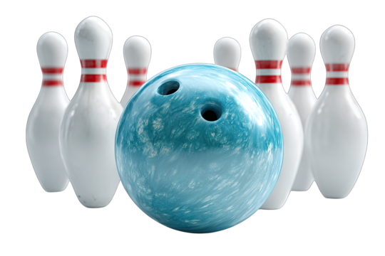 Bowling ball with pins on a white background