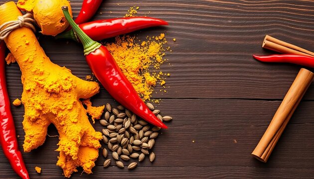 Golden turmeric, vibrant red chilies, fragrant cumin seeds, and warm cinnamon sticks arranged on dark wood,  color,  flavor