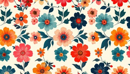 Vibrant Retro Floral Tapestry with Stylized Folk Art Blooms in Teal Orange and Red.