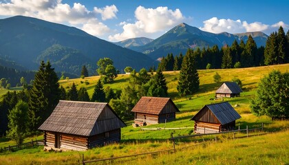 Serene Mountain Landscape with Traditional Wooden Cabins on Rolling Green Hills under a Bright Blue Sky