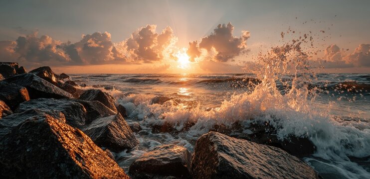 Dramatic sunrise over crashing waves at rocky shore