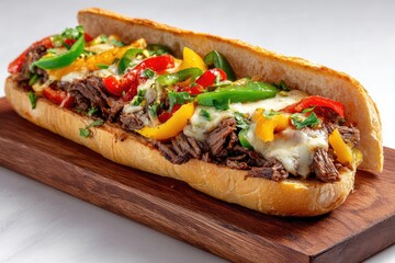 Hearty sub with shredded meat, peppers, and cheese