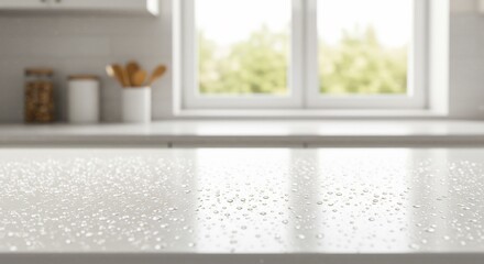 Fototapeta premium Water droplets on a clean white countertop in a bright kitchen