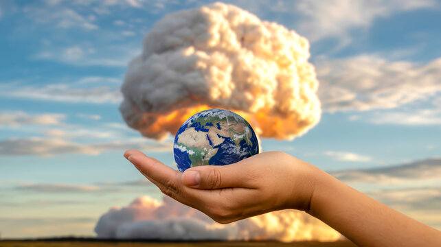 Hand holding planet earth against fiery explosion cloud globe