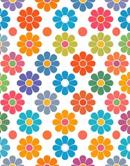 Vibrant Retro Flower Power Pattern with Colorful Mod Daisies and Polka Dots.