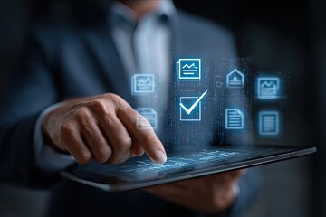Businessperson using tablet with digital document icons and checkmark