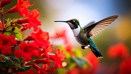 Obraz premium A hummingbird in flight, near vibrant red flowers