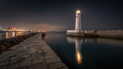 Obraz premium Lighthouse at night, reflecting on calm water